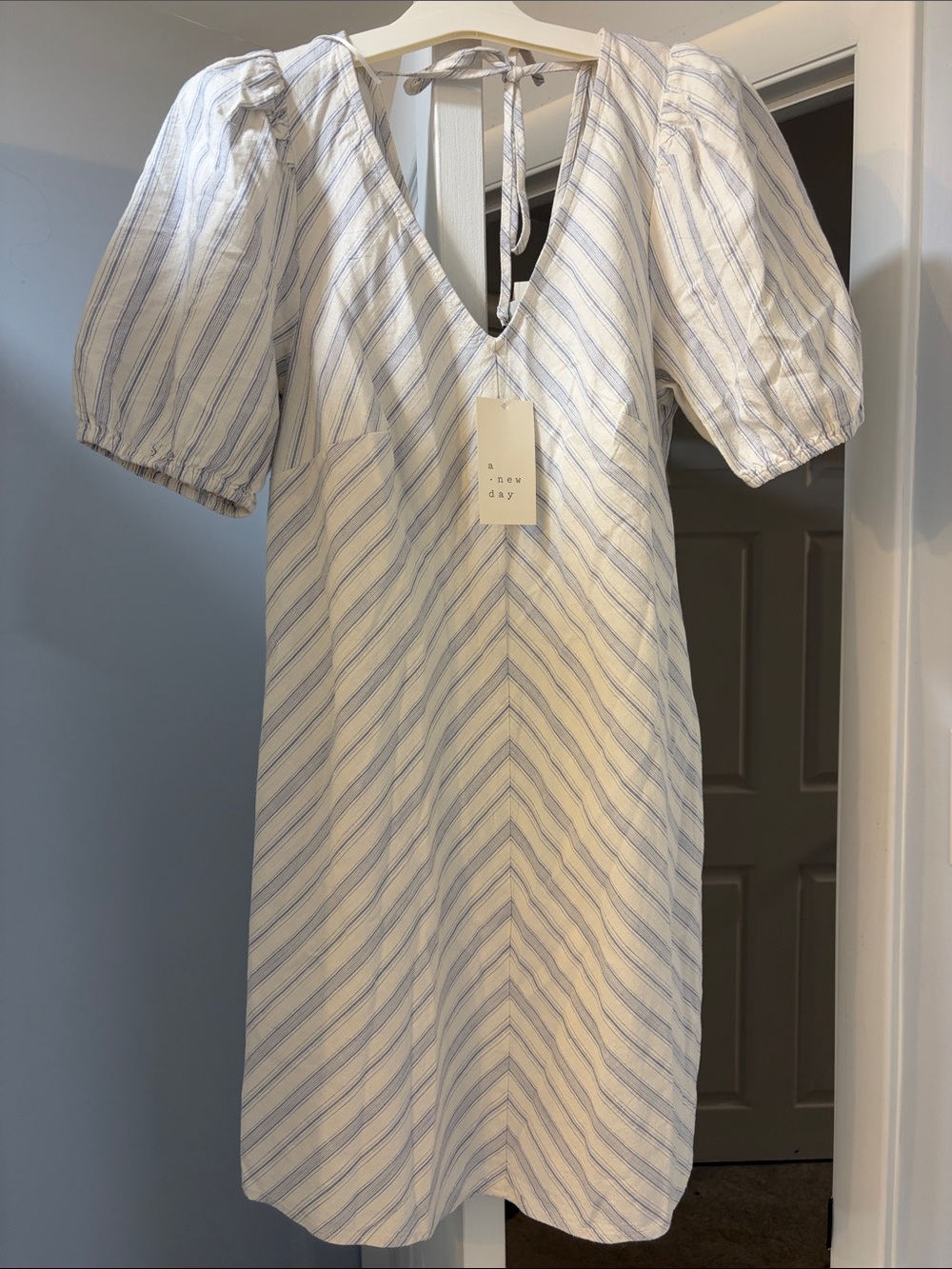 a new day White and Light Blue Striped V-Neck Puff Sleeve Mini Dress